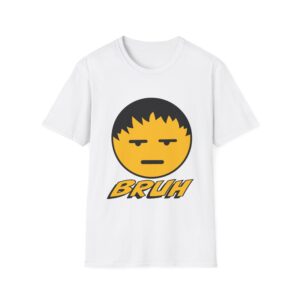 T-shirt featuring a bold graphic design. The centerpiece is a stylized yellow face with black hair and a blank, unimpressed expression. Beneath the face, the word “BRUH” is printed in large, exaggerated lettering, adding a humorous and laid-back vibe to the shirt.